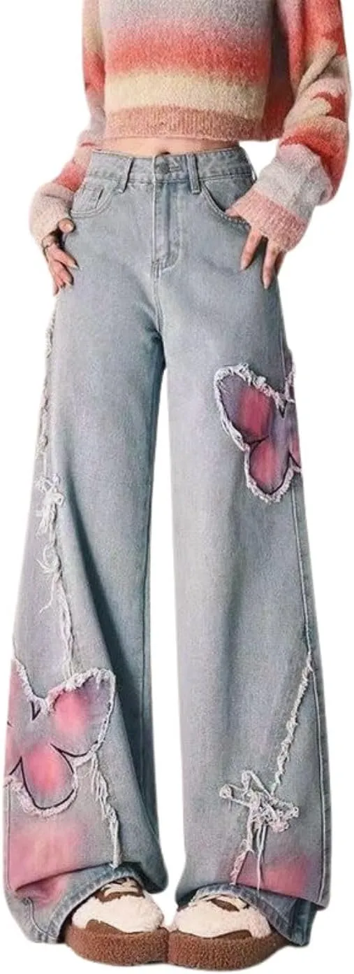 Baggy Cargo Pants for Women Girls Star Jeans Y2k Low Waisted Wide Leg Jeans Cute Streetwear Vintage Clothes