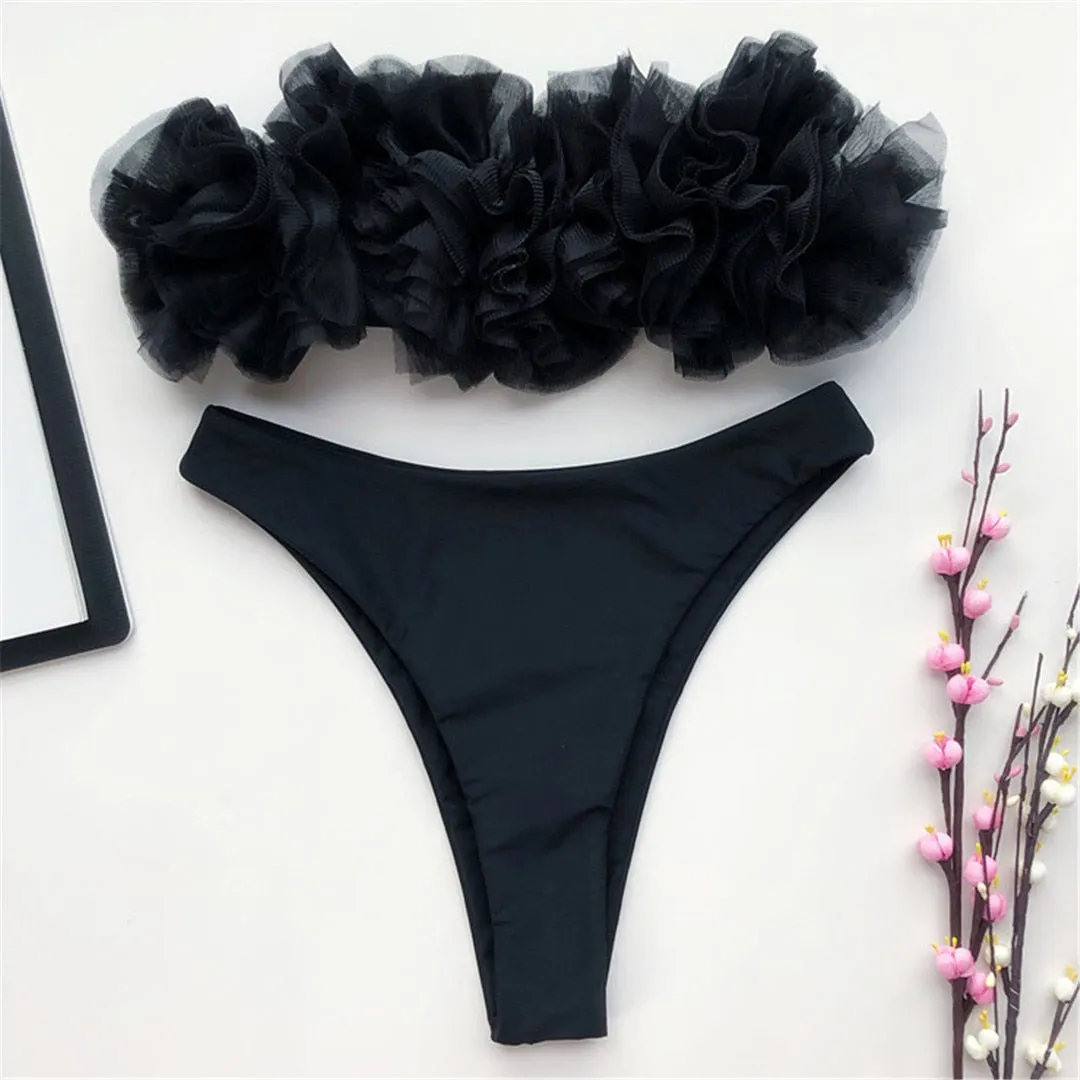 Bandeau Mid Waist Bikini Female Swimsuit Women Swimwear Two-piecs Bikini set Flower Strapless Bather Bathing Suit Swim V2080P