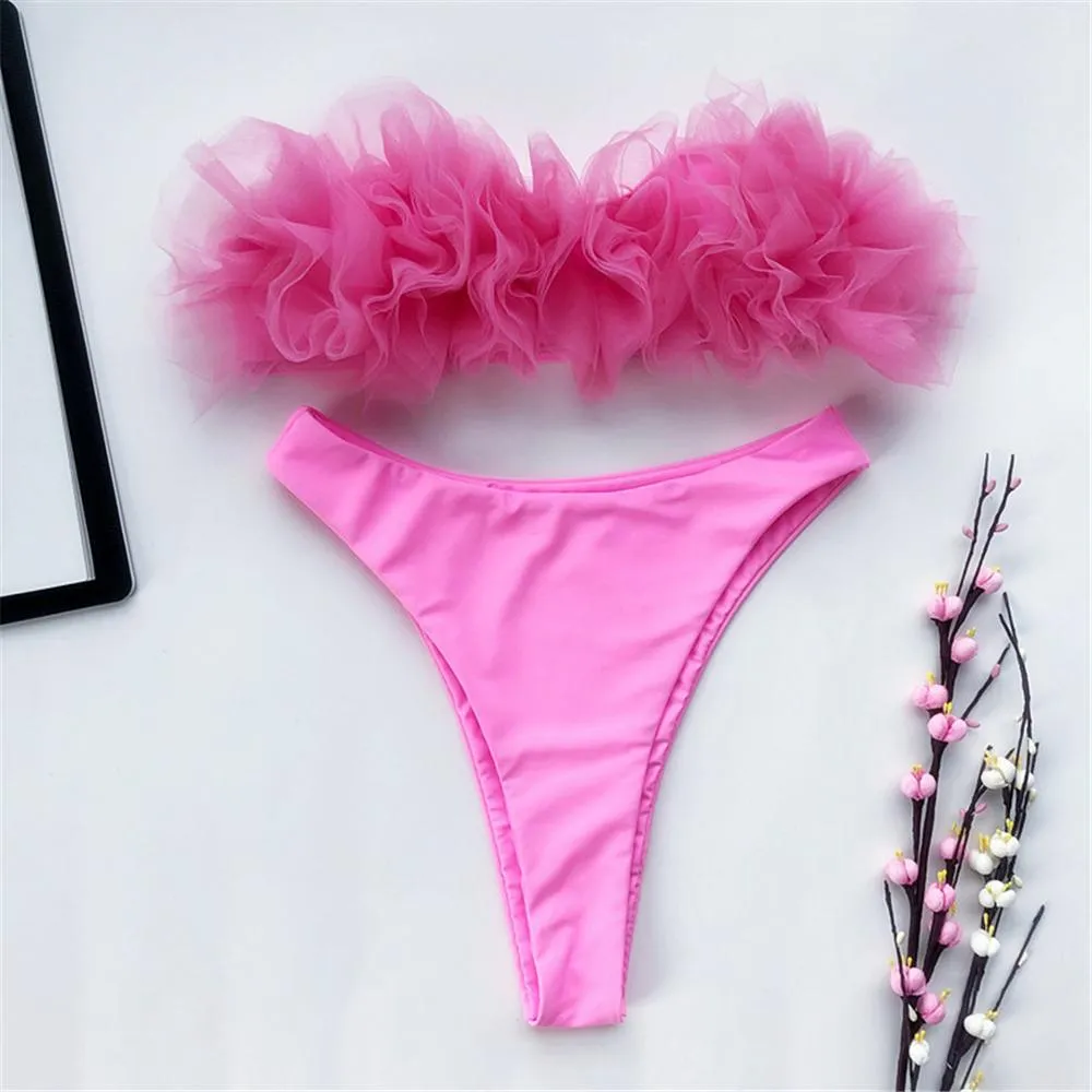 Bandeau Mid Waist Bikini Female Swimsuit Women Swimwear Two-piecs Bikini set Flower Strapless Bather Bathing Suit Swim V2080P