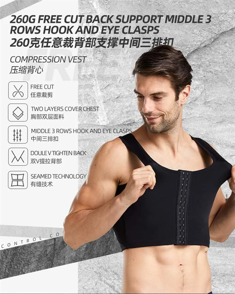 BaronHong Men's Body Shaper Chest Binder Flat Compression 3 Rows Clasp Bust Corset Vests