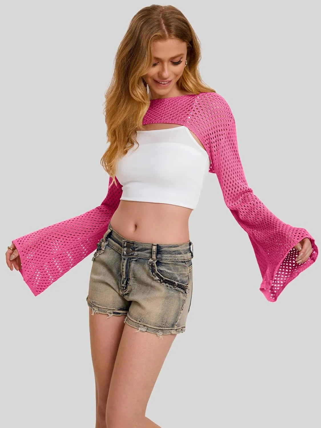 Bloggerlove Crochet Crop Tops for Women Trendy Bolero Hollow Out Shrug Sweaters Sexy Beach Cover Ups Y2K Tops S-XL