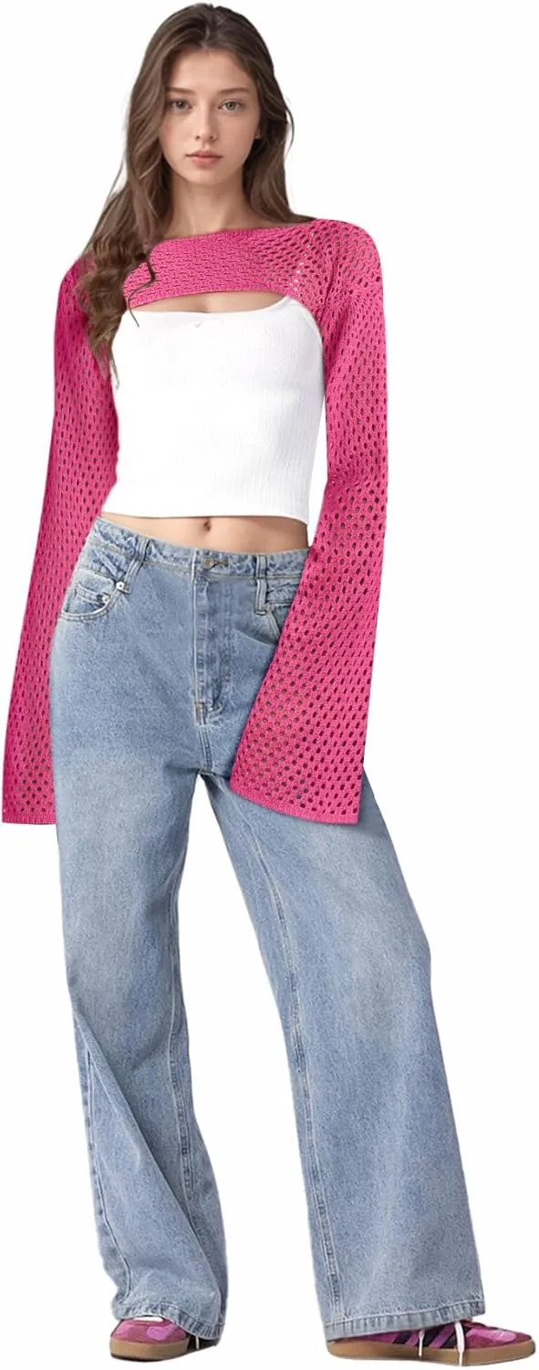 Bloggerlove Crochet Crop Tops for Women Trendy Bolero Hollow Out Shrug Sweaters Sexy Beach Cover Ups Y2K Tops S-XL