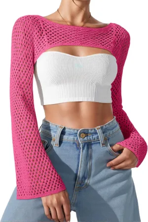 Bloggerlove Crochet Crop Tops for Women Trendy Bolero Hollow Out Shrug Sweaters Sexy Beach Cover Ups Y2K Tops S-XL