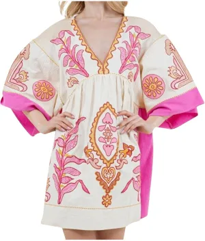Boho Dresses for Women 2024 Fashion 3/4 Sleeve V Neck Bohemian Dress Causal Floral Print Pleated Oversized Mini Dress