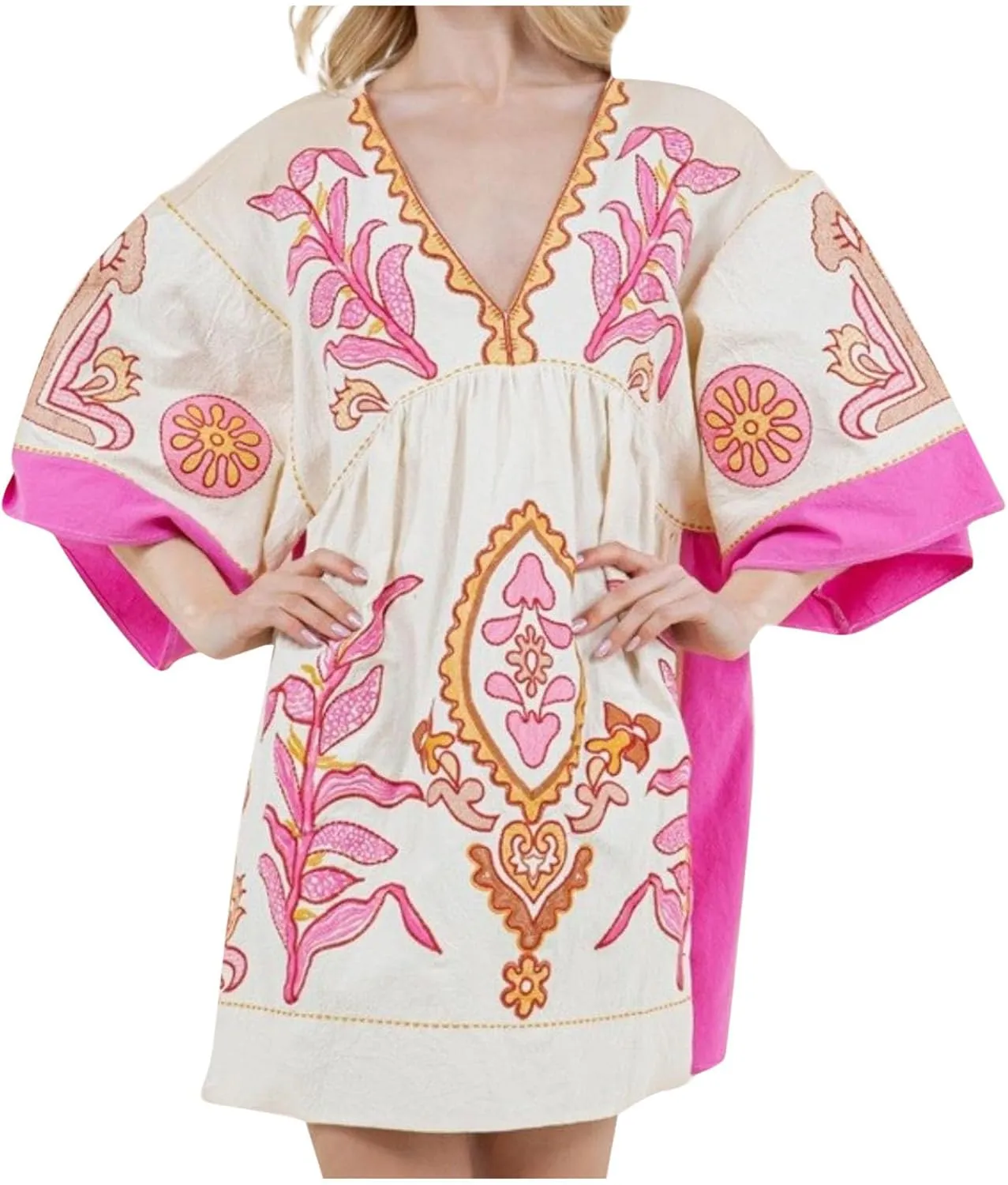 Boho Dresses for Women 2024 Fashion 3/4 Sleeve V Neck Bohemian Dress Causal Floral Print Pleated Oversized Mini Dress