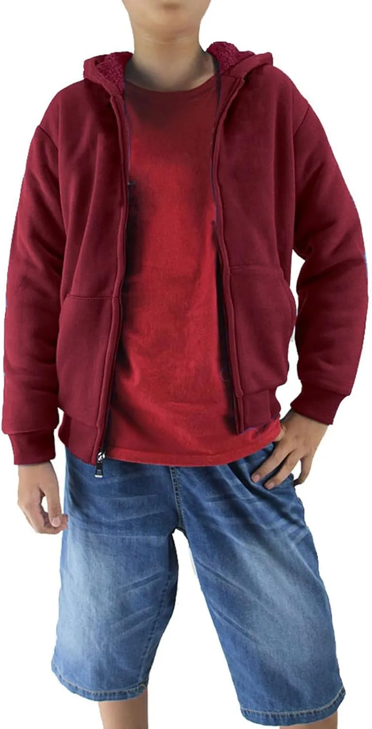Boys' Fashion Zip Up Hoodie Plain Comfort Fleece Jacket Youth Heavyweight Sherpa Lined Sweatshirts