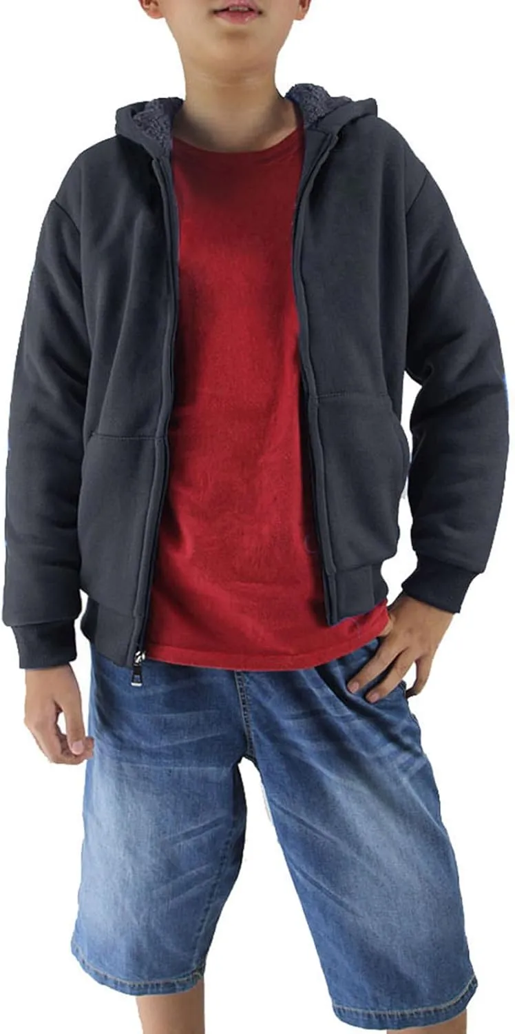 Boys' Fashion Zip Up Hoodie Plain Comfort Fleece Jacket Youth Heavyweight Sherpa Lined Sweatshirts