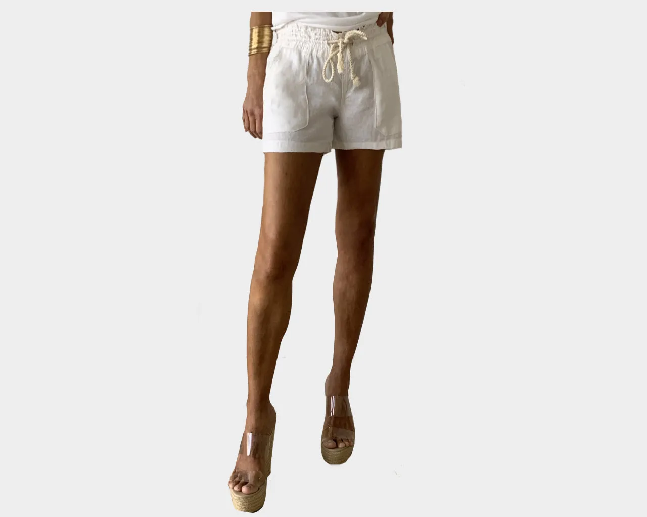 C1. White Linen Stretch Drawstring Waist Shorts- The Cap d’ Antibes