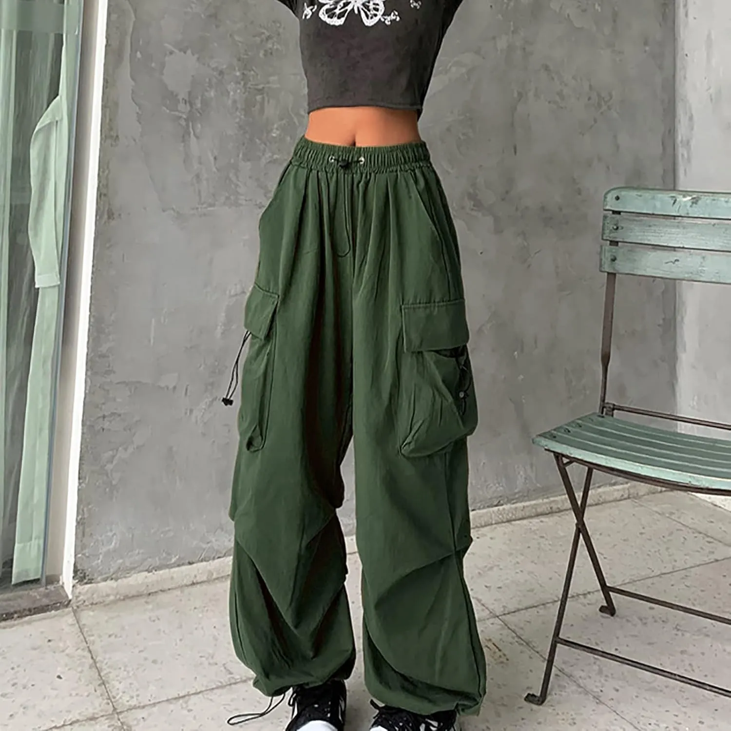 Cargo Pants Women Trendy Y2K Teen Girls High Waisted Parachute Baggy Drawstring Streetwear Workout Jogger Sweatpants