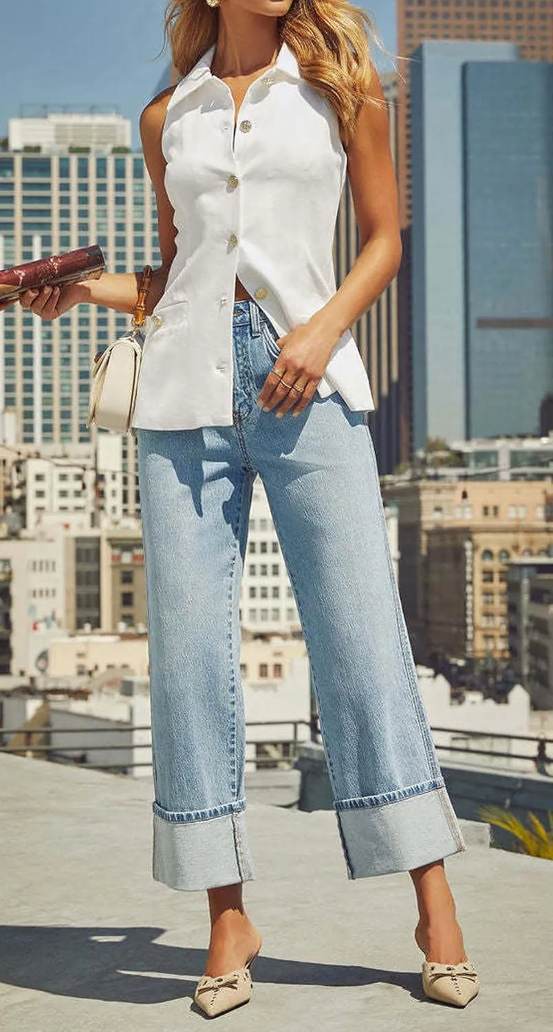 CHARTOU Wide Leg Cropped Jeans for Women High Waist Boyfriends Rolled Up Cuffed Denim Pants