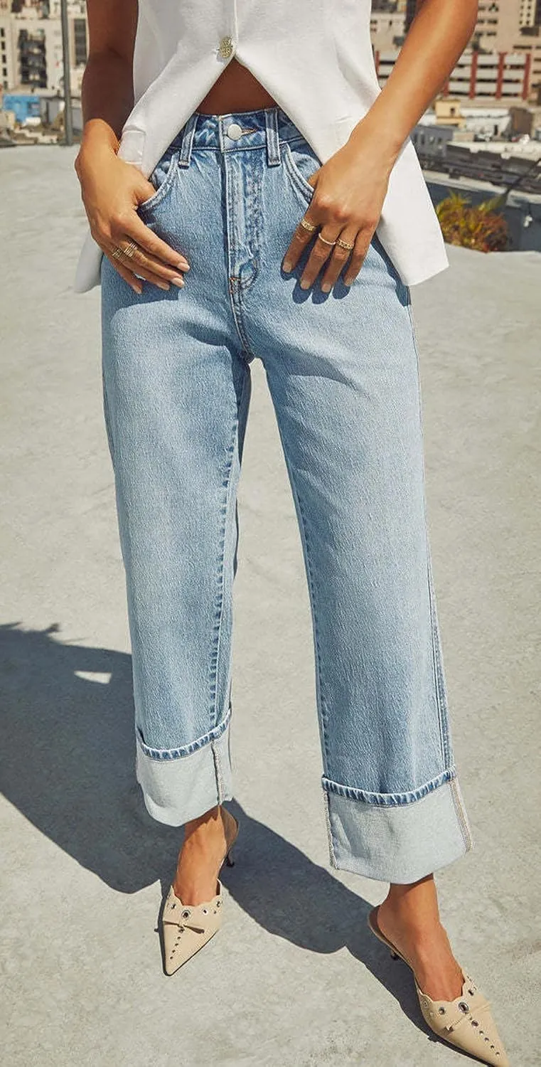 CHARTOU Wide Leg Cropped Jeans for Women High Waist Boyfriends Rolled Up Cuffed Denim Pants