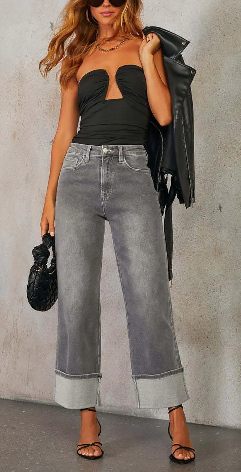CHARTOU Wide Leg Cropped Jeans for Women High Waist Boyfriends Rolled Up Cuffed Denim Pants
