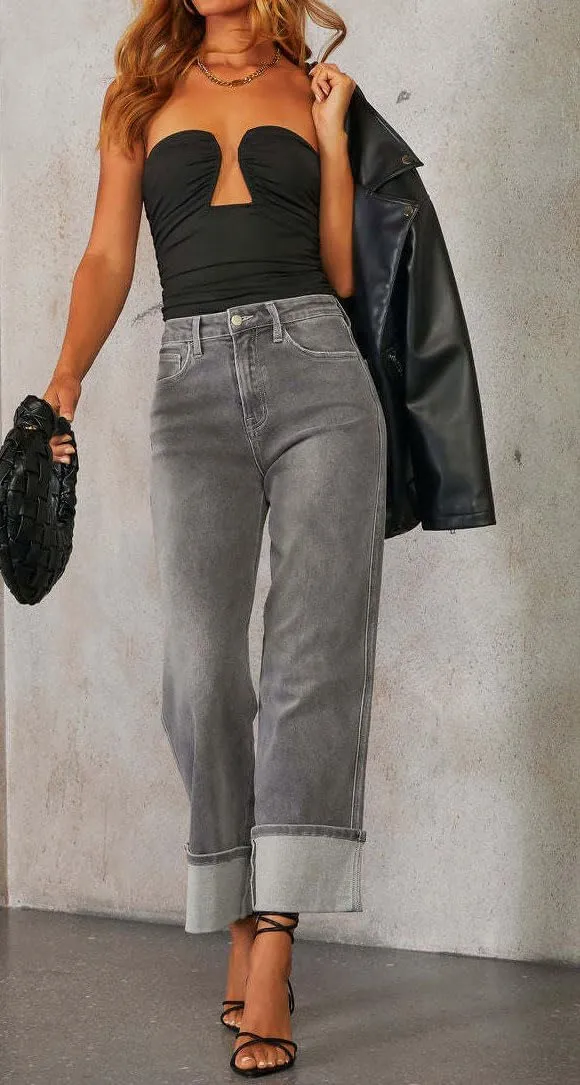 CHARTOU Wide Leg Cropped Jeans for Women High Waist Boyfriends Rolled Up Cuffed Denim Pants