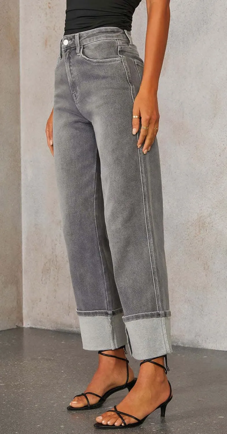 CHARTOU Wide Leg Cropped Jeans for Women High Waist Boyfriends Rolled Up Cuffed Denim Pants