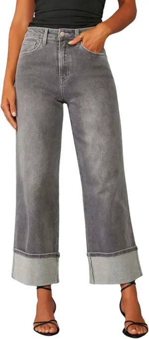 CHARTOU Wide Leg Cropped Jeans for Women High Waist Boyfriends Rolled Up Cuffed Denim Pants