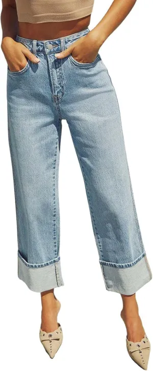 CHARTOU Wide Leg Cropped Jeans for Women High Waist Boyfriends Rolled Up Cuffed Denim Pants