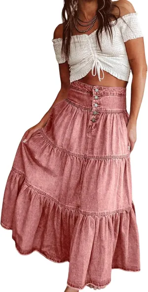 CHARTOU Women's High Waist Tiered Denim Maxi Skirt Ruffle Buttons Flowy Boho Pleated Long Jean Skirts