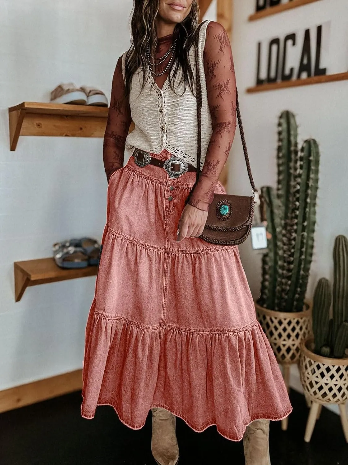 CHARTOU Women's High Waist Tiered Denim Maxi Skirt Ruffle Buttons Flowy Boho Pleated Long Jean Skirts