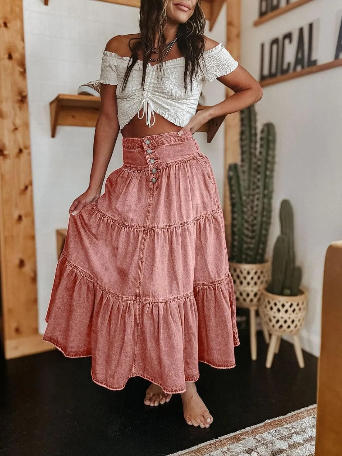 CHARTOU Women's High Waist Tiered Denim Maxi Skirt Ruffle Buttons Flowy Boho Pleated Long Jean Skirts