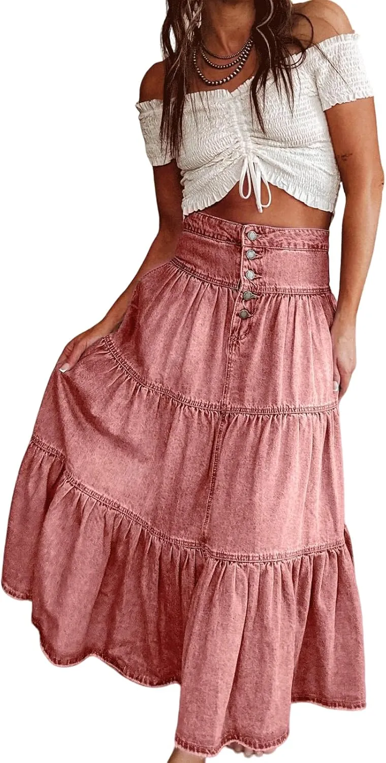 CHARTOU Women's High Waist Tiered Denim Maxi Skirt Ruffle Buttons Flowy Boho Pleated Long Jean Skirts