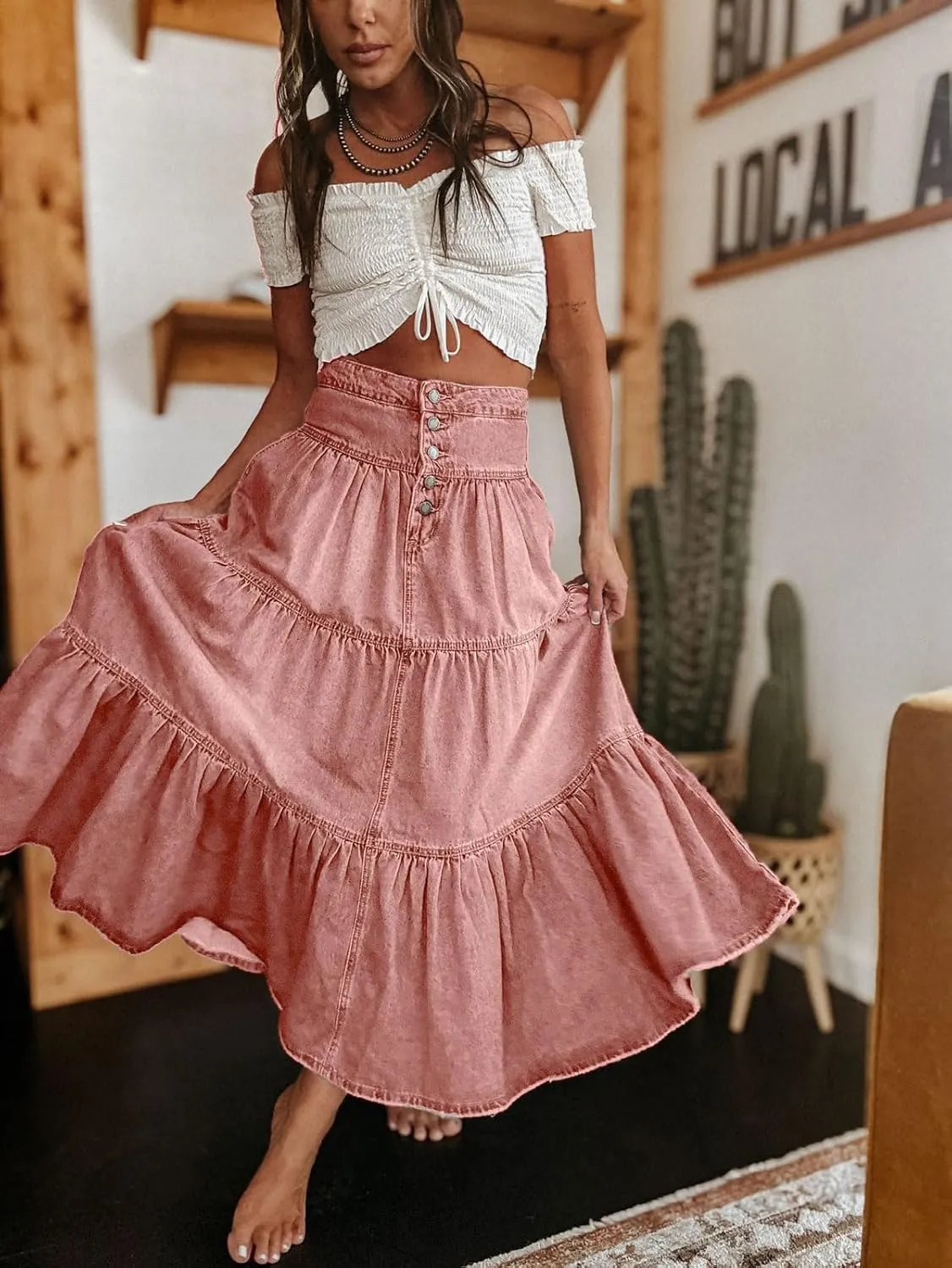 CHARTOU Women's High Waist Tiered Denim Maxi Skirt Ruffle Buttons Flowy Boho Pleated Long Jean Skirts