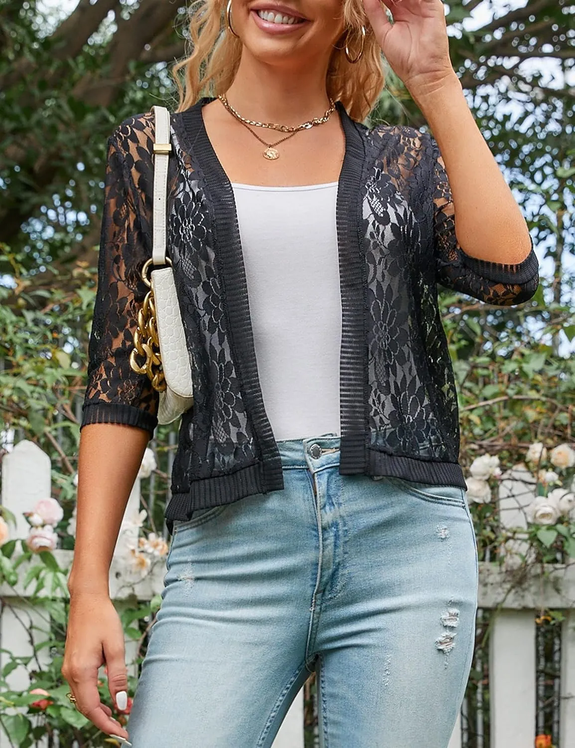 Chevara Womens Casual Summer Lace Cardigan 3/4 Sleeve Floral Crochet Cardigans Shrug Sweaters