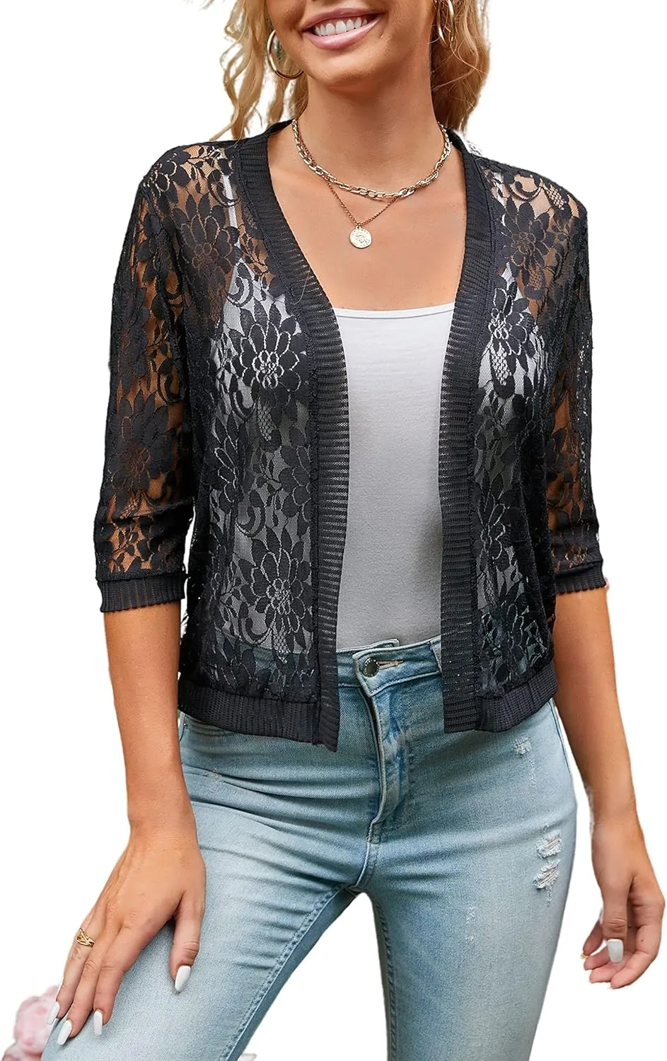 Chevara Womens Casual Summer Lace Cardigan 3/4 Sleeve Floral Crochet Cardigans Shrug Sweaters