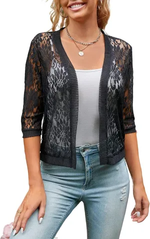 Chevara Womens Casual Summer Lace Cardigan 3/4 Sleeve Floral Crochet Cardigans Shrug Sweaters