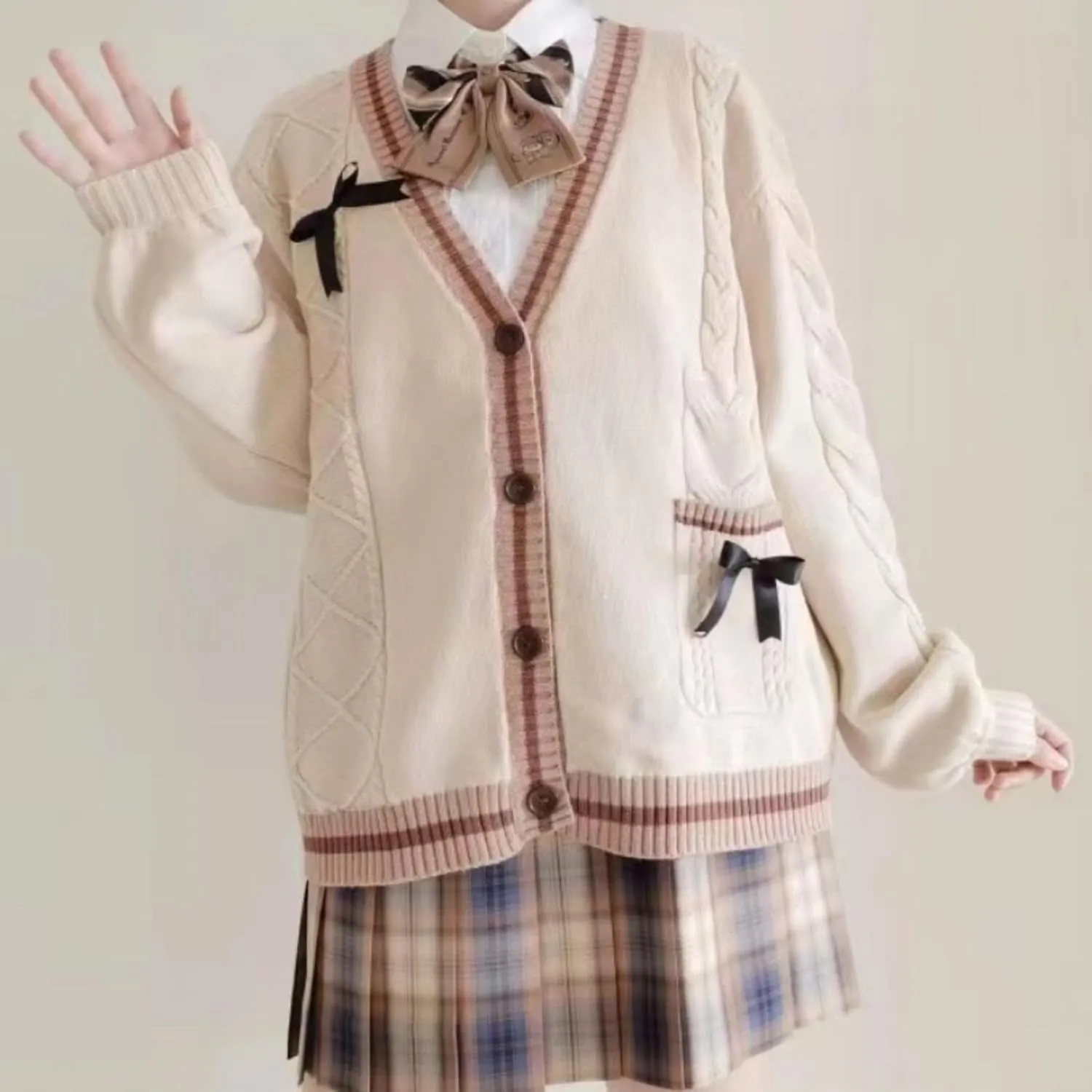 Chevara Womens Cute Sweet Cardigan Sweater Kawaii School Uniform Button Long Sleeve V-Neck Knitted Outerwear