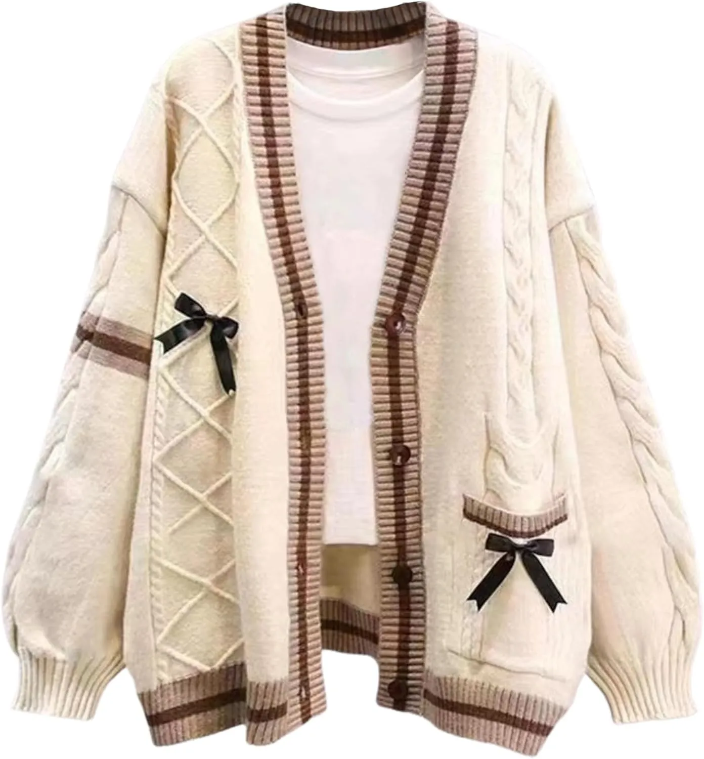 Chevara Womens Cute Sweet Cardigan Sweater Kawaii School Uniform Button Long Sleeve V-Neck Knitted Outerwear