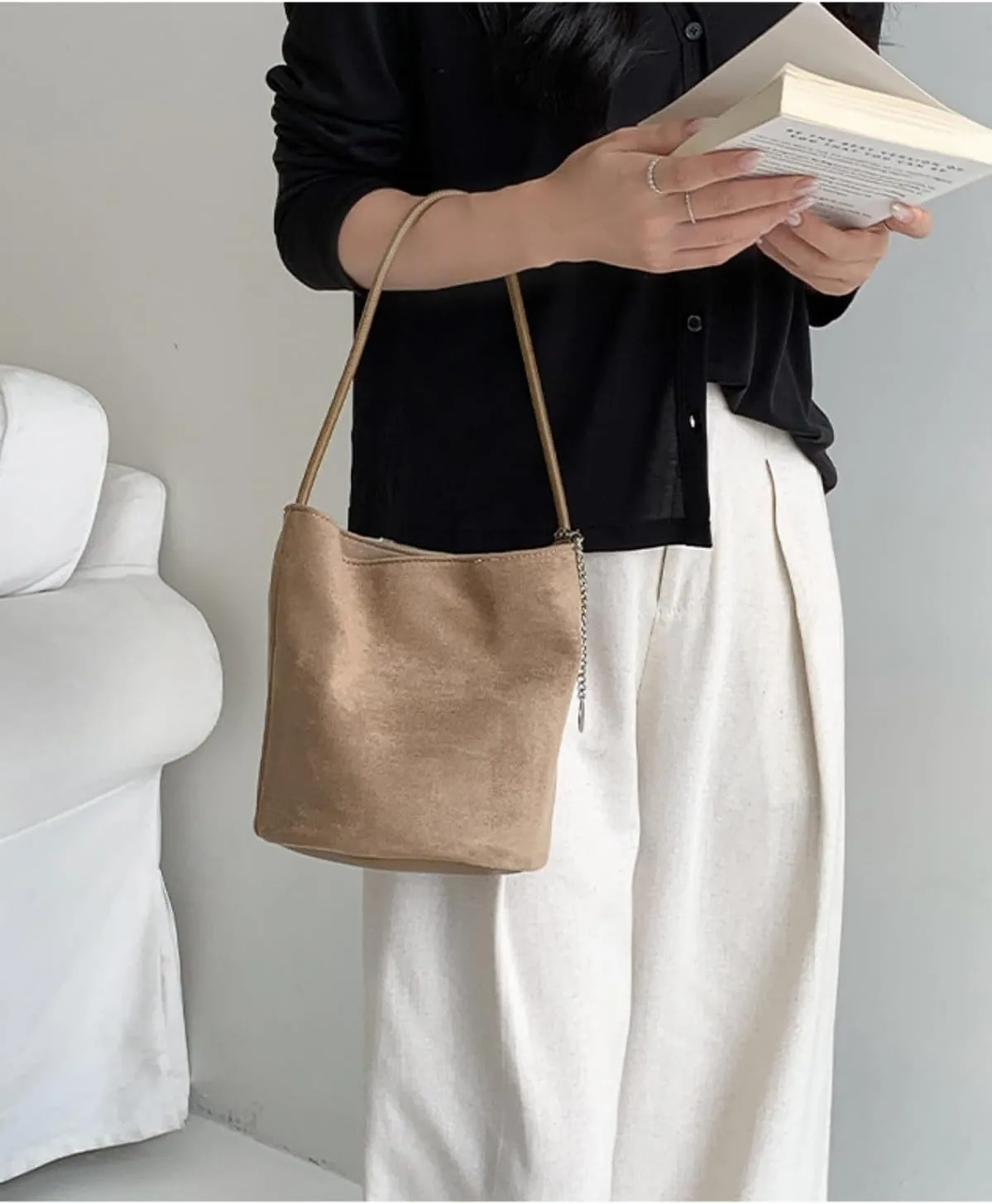 Chic Brown Suede Bag Soft Bucket Bag Women 2024 Fall Winter Handbag Stylish Shoulder Bag Versatile Crossbody Purse
