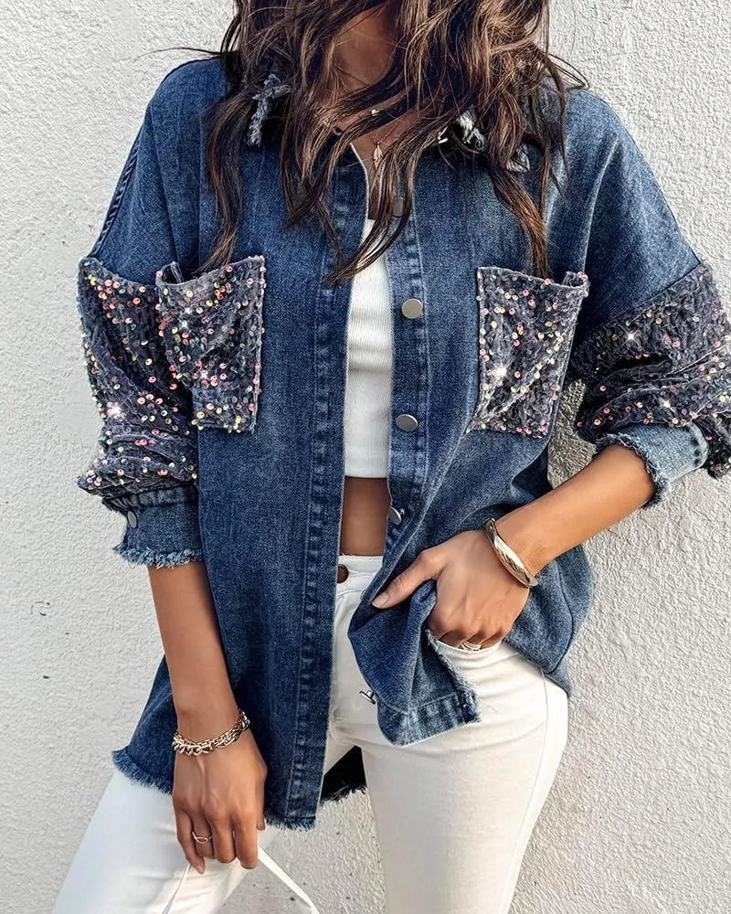 ChicMe Womens Denim Casual Jacket Turn-down Collar Contrast Sequin Long Sleeve Fringe Hem Denim Jacket Casual Coat