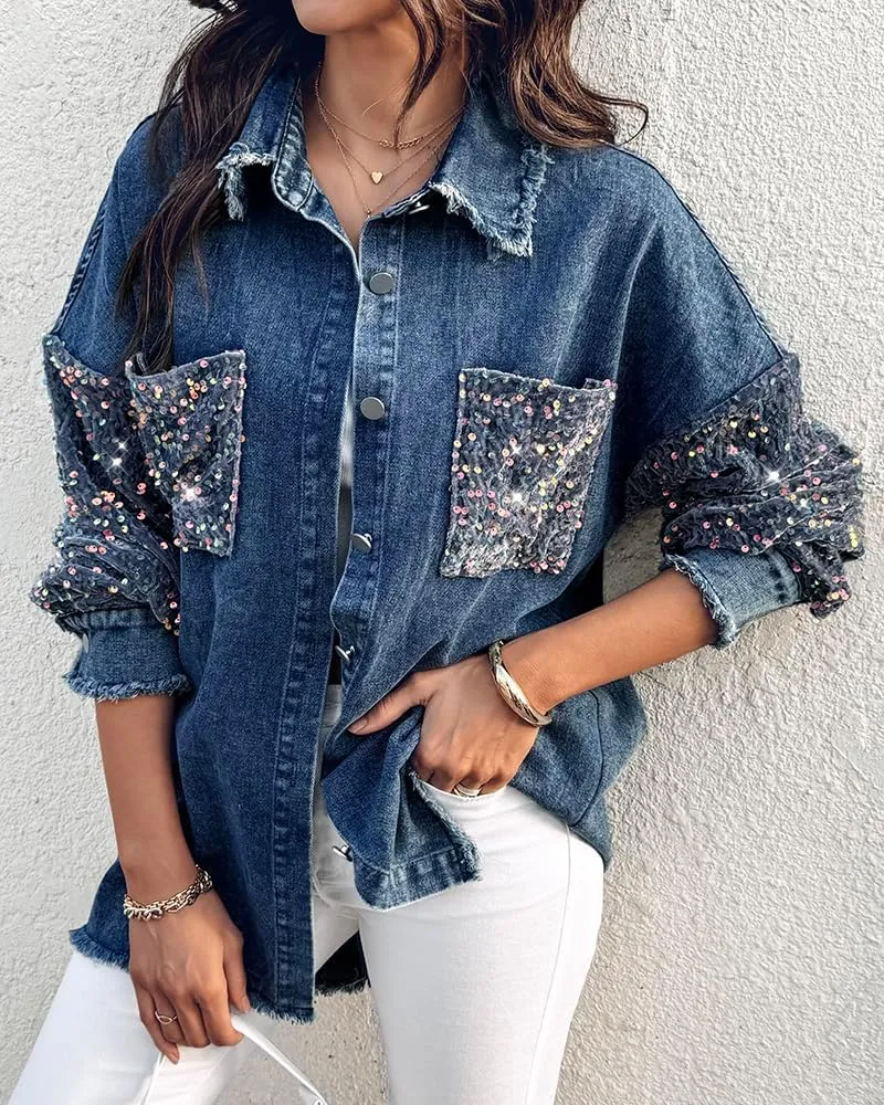 ChicMe Womens Denim Casual Jacket Turn-down Collar Contrast Sequin Long Sleeve Fringe Hem Denim Jacket Casual Coat
