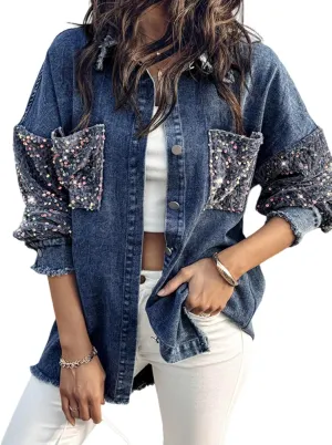 ChicMe Womens Denim Casual Jacket Turn-down Collar Contrast Sequin Long Sleeve Fringe Hem Denim Jacket Casual Coat
