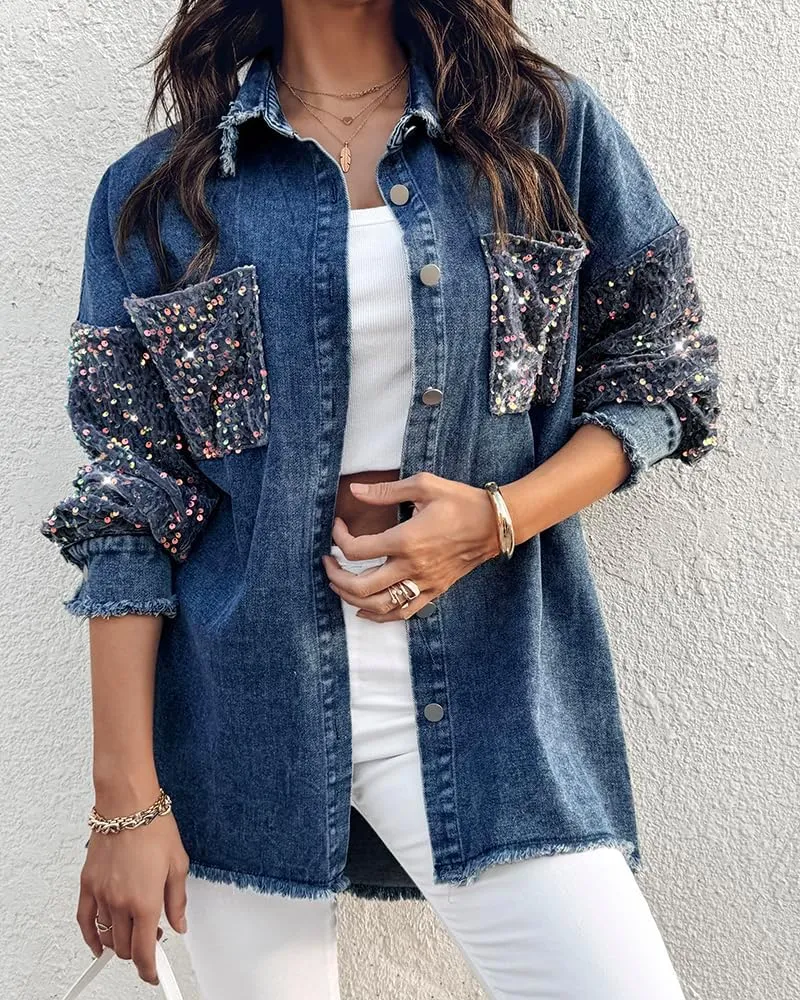 ChicMe Womens Denim Casual Jacket Turn-down Collar Contrast Sequin Long Sleeve Fringe Hem Denim Jacket Casual Coat