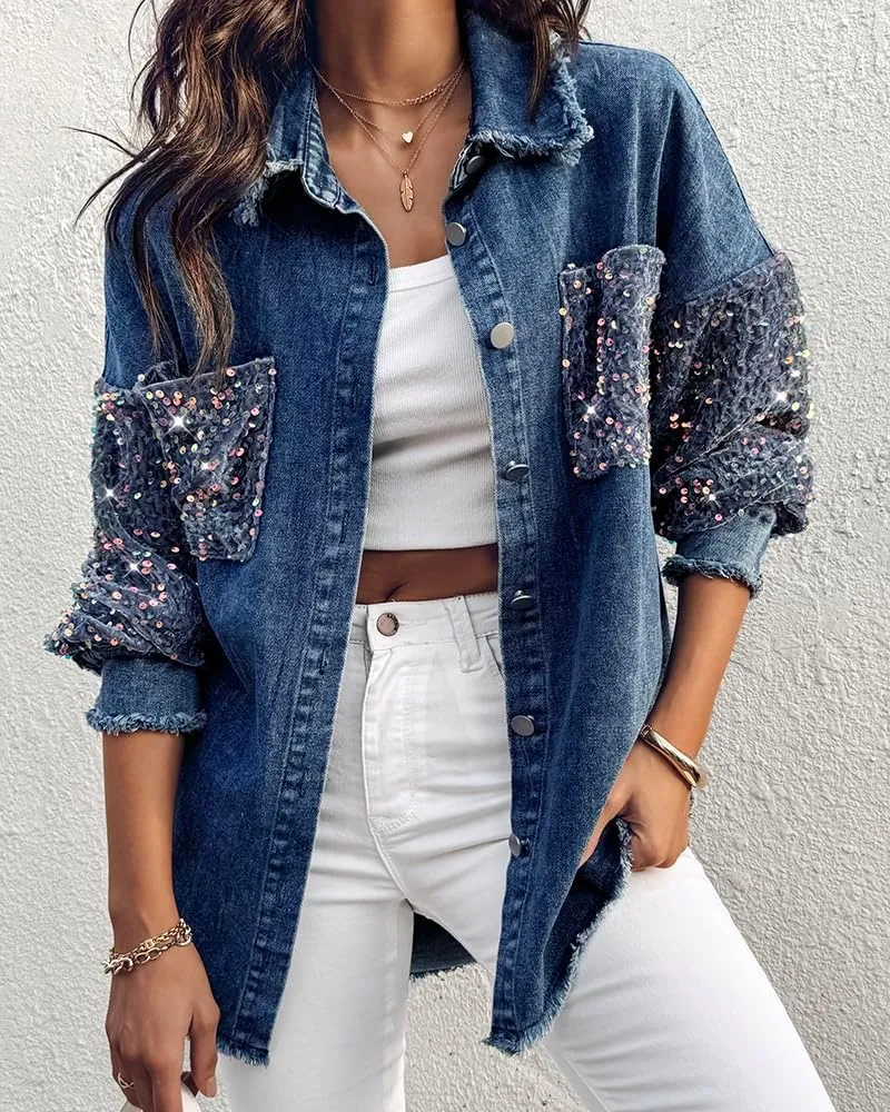 ChicMe Womens Denim Casual Jacket Turn-down Collar Contrast Sequin Long Sleeve Fringe Hem Denim Jacket Casual Coat