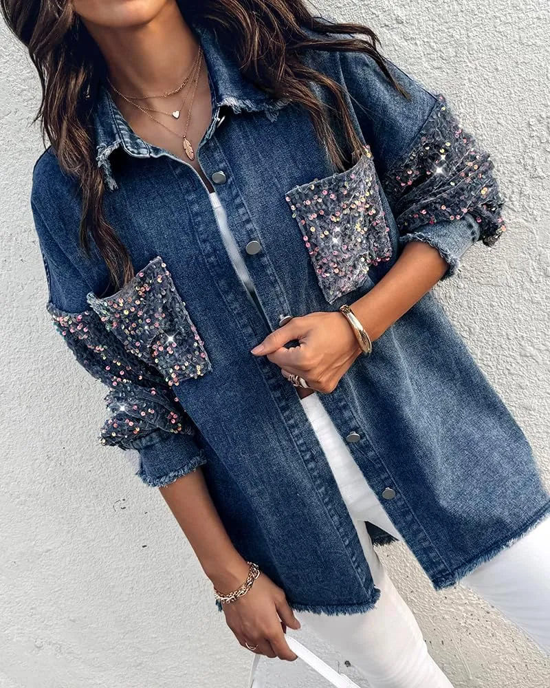 ChicMe Womens Denim Casual Jacket Turn-down Collar Contrast Sequin Long Sleeve Fringe Hem Denim Jacket Casual Coat