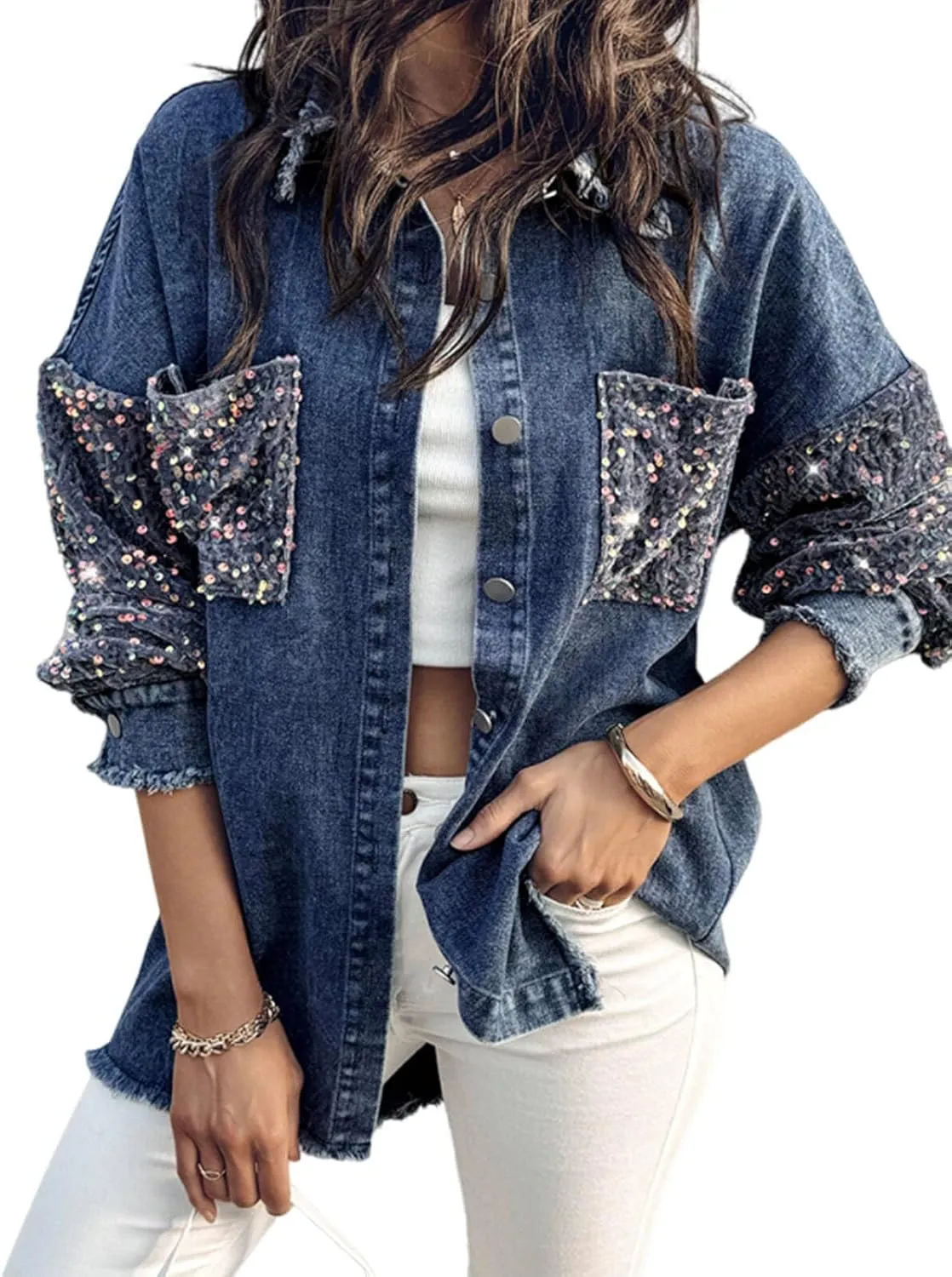 ChicMe Womens Denim Casual Jacket Turn-down Collar Contrast Sequin Long Sleeve Fringe Hem Denim Jacket Casual Coat