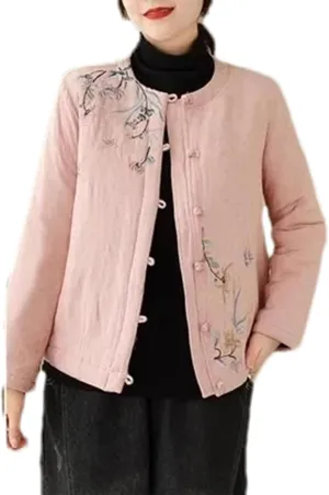 Chinese Style Retro Plate Button Cotton Padded Jacket Women's Autumn Embroidery Coat Round Neck Quilted Tops
