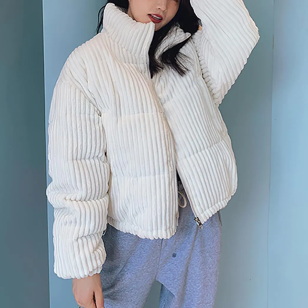 chouyatou Women Winter Warm Corduroy Puffer Jacket Quilted Down Zip Up Stand Collar Cropped Short Coats