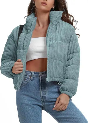 chouyatou Women Winter Warm Corduroy Puffer Jacket Quilted Down Zip Up Stand Collar Cropped Short Coats