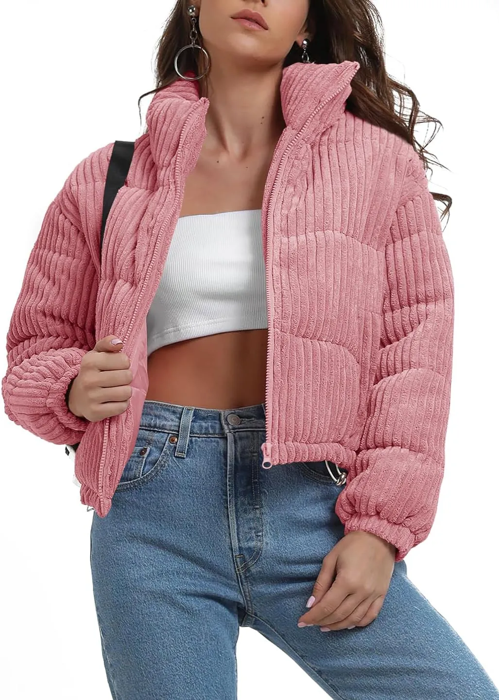 chouyatou Women Winter Warm Corduroy Puffer Jacket Quilted Down Zip Up Stand Collar Cropped Short Coats