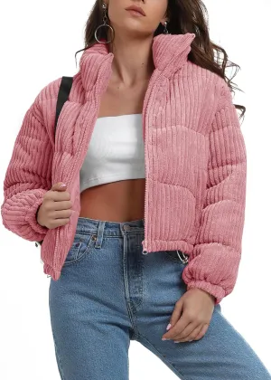 chouyatou Women Winter Warm Corduroy Puffer Jacket Quilted Down Zip Up Stand Collar Cropped Short Coats