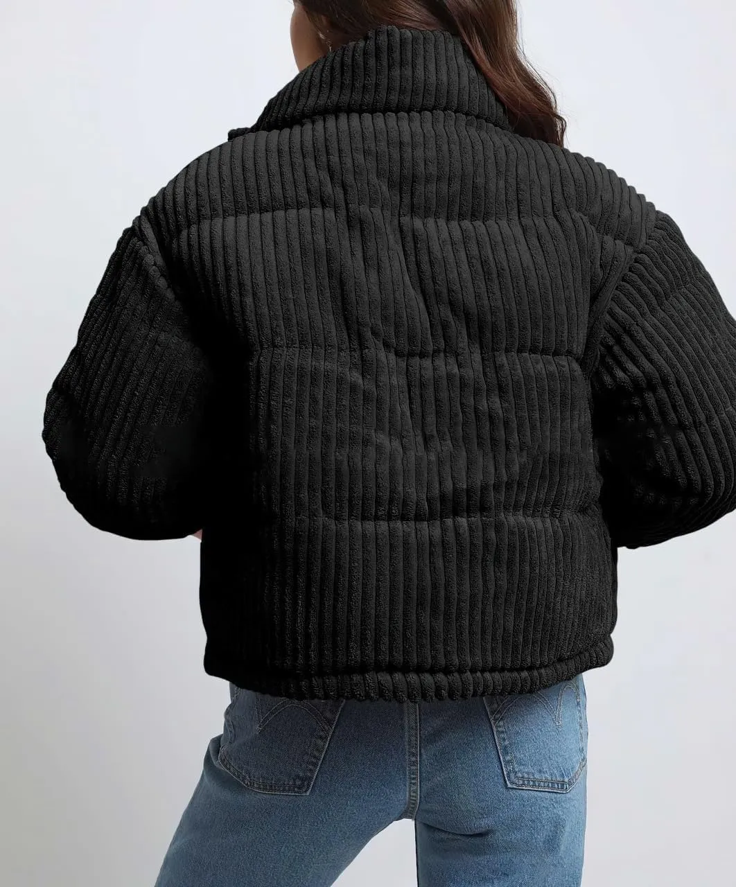 chouyatou Women Winter Warm Corduroy Puffer Jacket Quilted Down Zip Up Stand Collar Cropped Short Coats