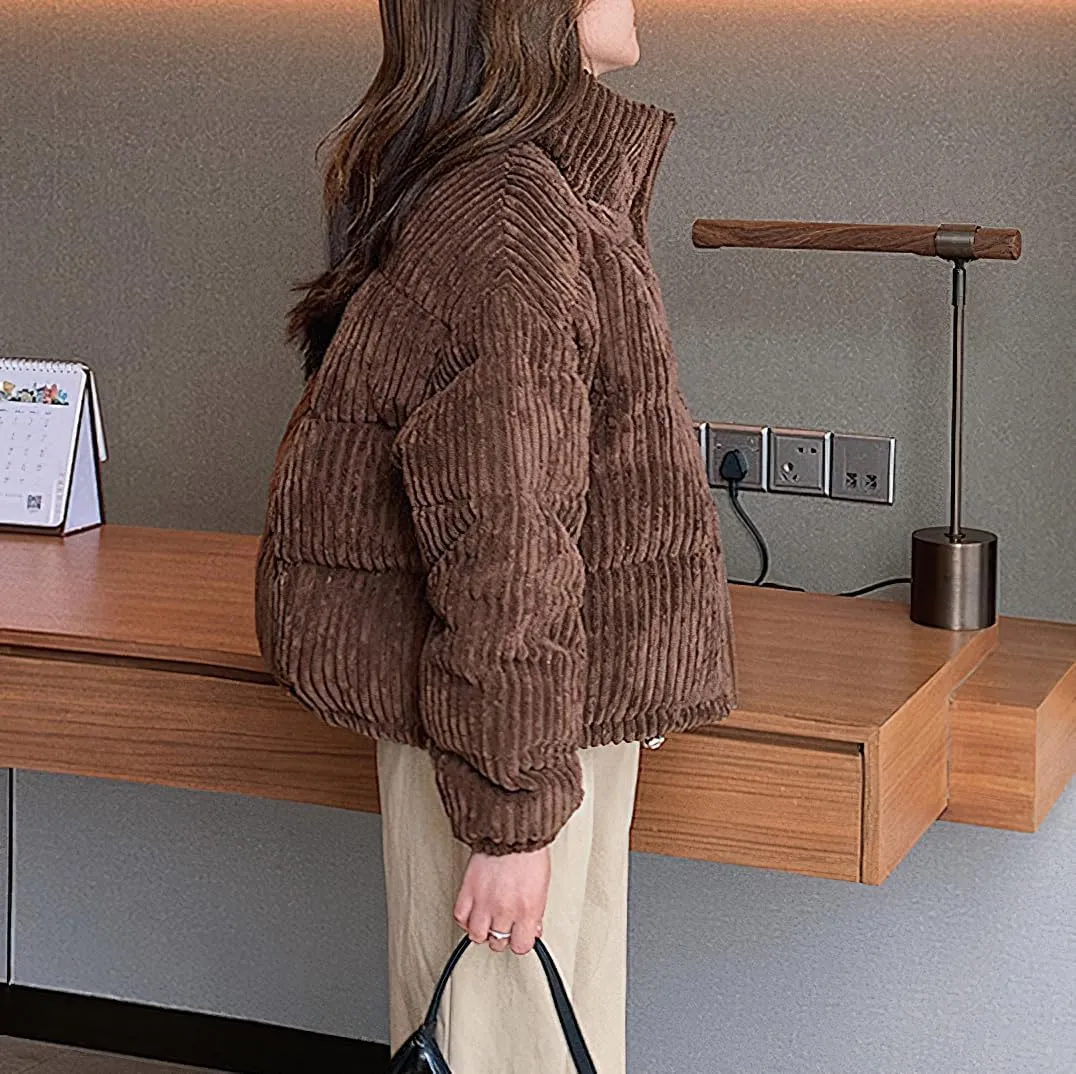 chouyatou Women Winter Warm Corduroy Puffer Jacket Quilted Down Zip Up Stand Collar Cropped Short Coats