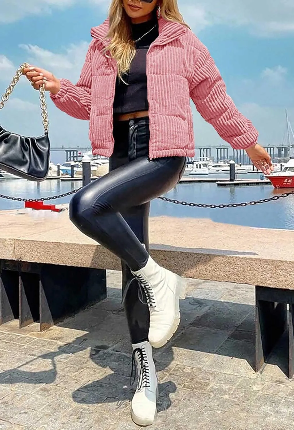 chouyatou Women Winter Warm Corduroy Puffer Jacket Quilted Down Zip Up Stand Collar Cropped Short Coats