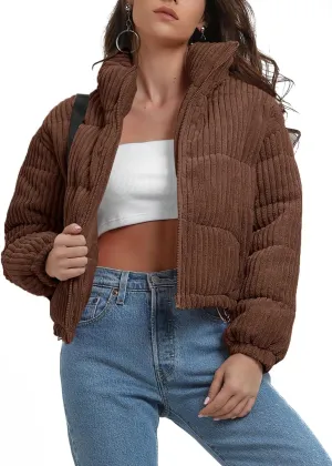 chouyatou Women Winter Warm Corduroy Puffer Jacket Quilted Down Zip Up Stand Collar Cropped Short Coats