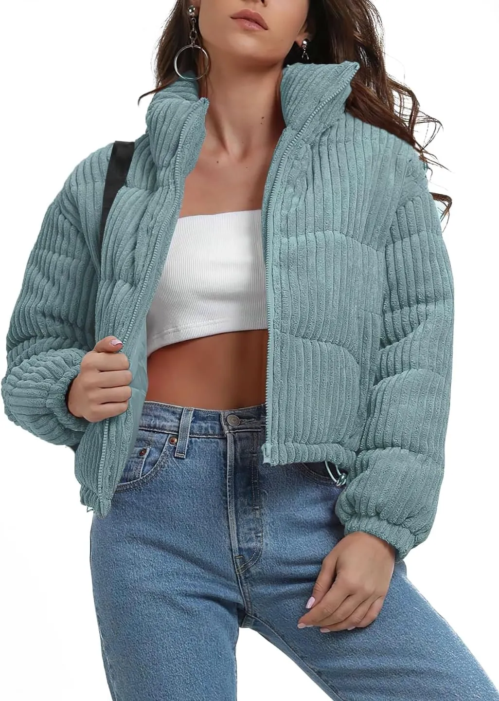 chouyatou Women Winter Warm Corduroy Puffer Jacket Quilted Down Zip Up Stand Collar Cropped Short Coats
