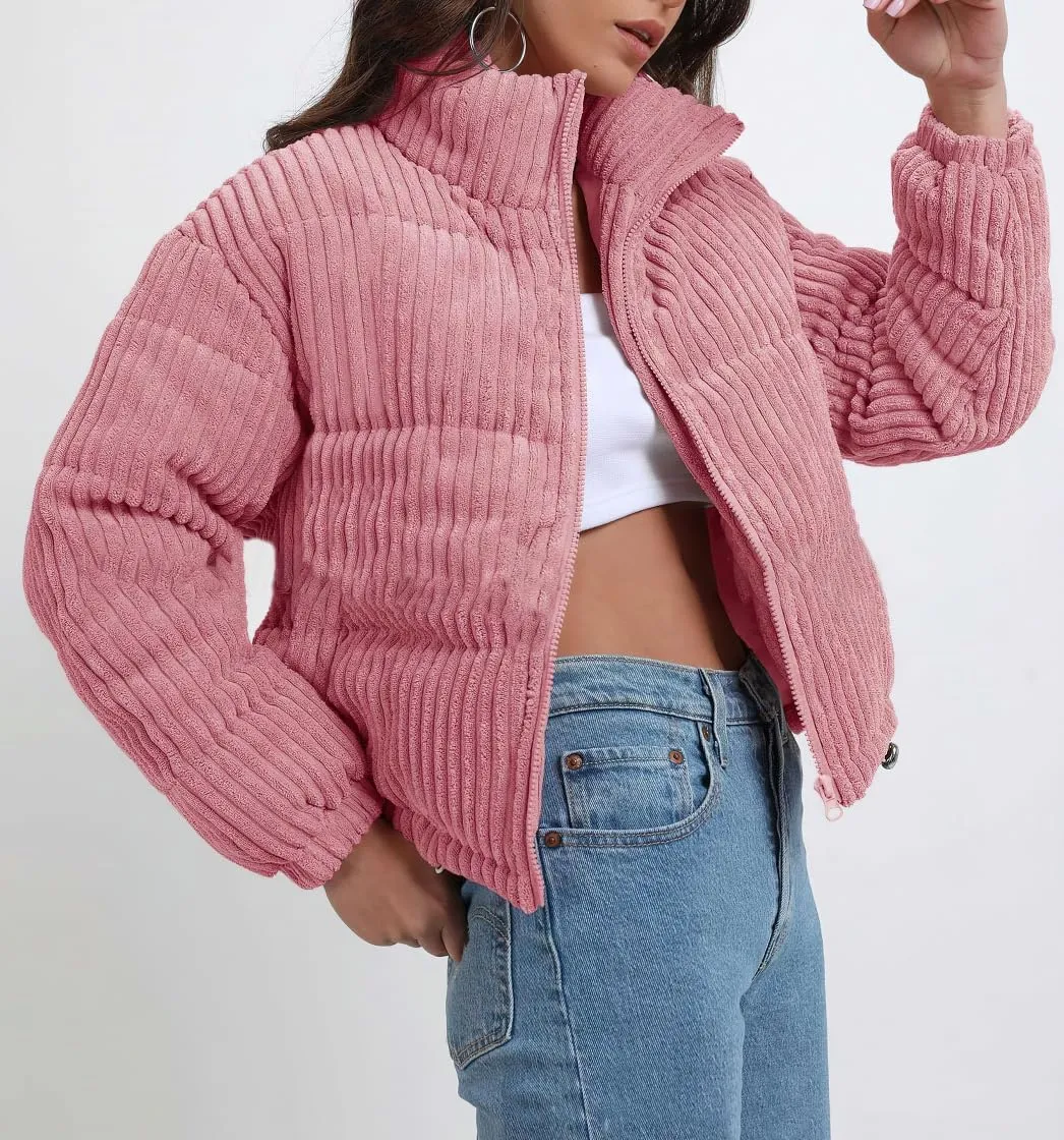 chouyatou Women Winter Warm Corduroy Puffer Jacket Quilted Down Zip Up Stand Collar Cropped Short Coats