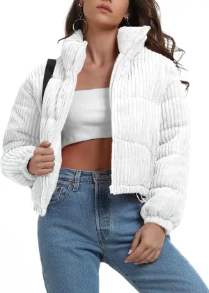 chouyatou Women Winter Warm Corduroy Puffer Jacket Quilted Down Zip Up Stand Collar Cropped Short Coats